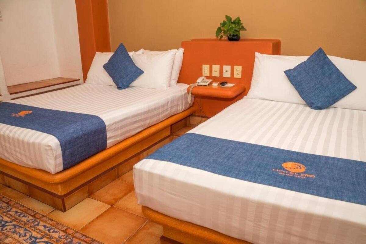 Two single beds with blue headboards, a wooden nightstand with a phone, and a small potted plant on the nightstand.