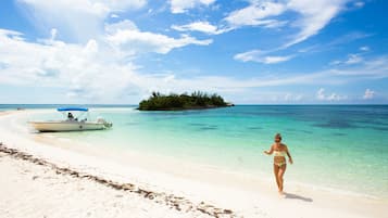 Plage privée, sable blanc, parasols, serviettes de plage