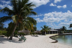 Private beach, white sand, beach umbrellas, beach towels