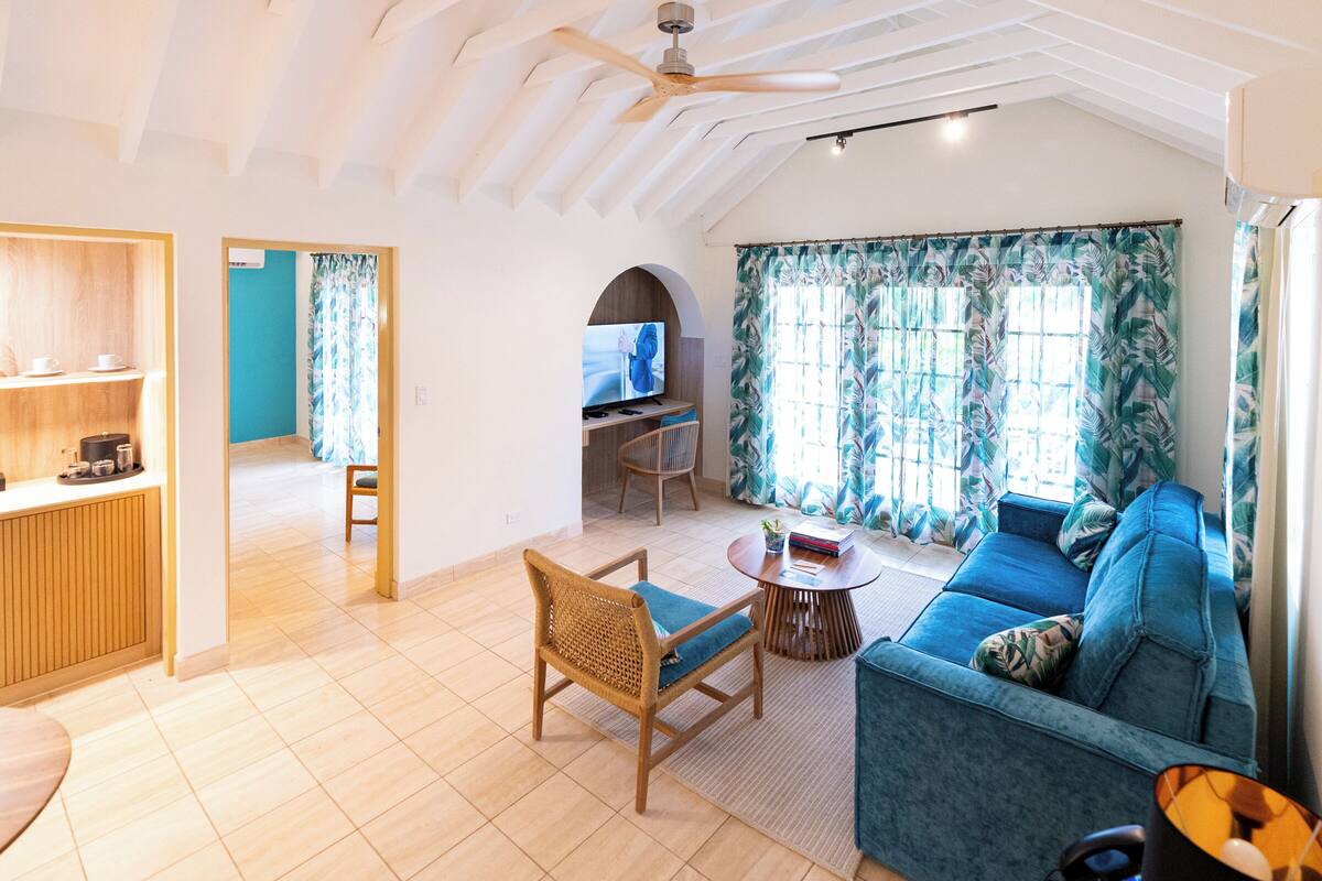 A spacious living area with a sofa, a chair, a television, and a kitchen area with a countertop and cabinets.