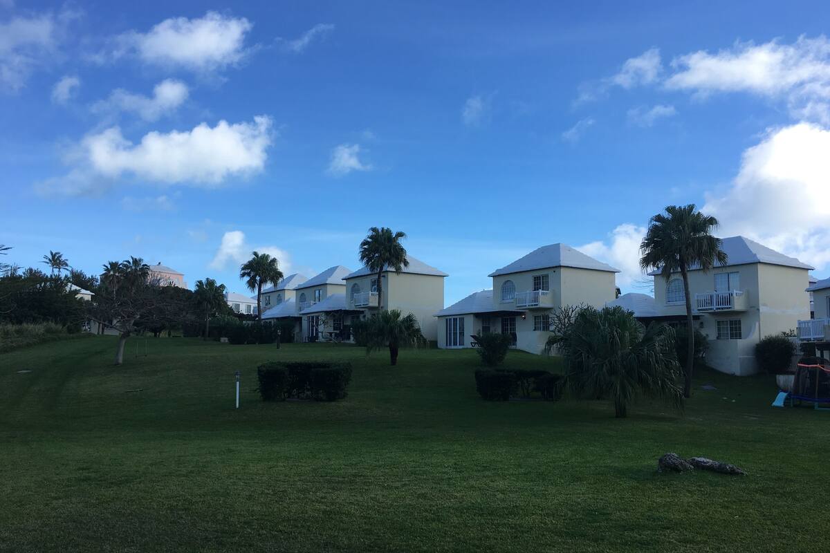 A residential area with multiple two-story houses, a well-maintained lawn, and palm trees.