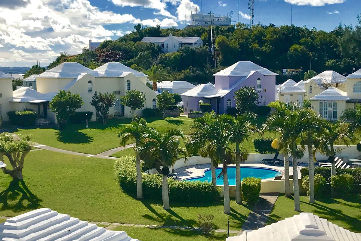 A residential area with houses, a swimming pool, and palm trees.