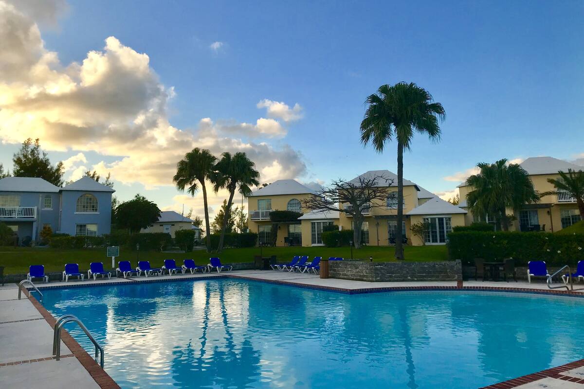 A swimming pool with blue chairs, palm trees, and houses in the background.