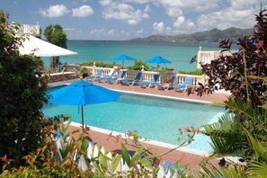 Outdoor pool, pool umbrellas, pool loungers