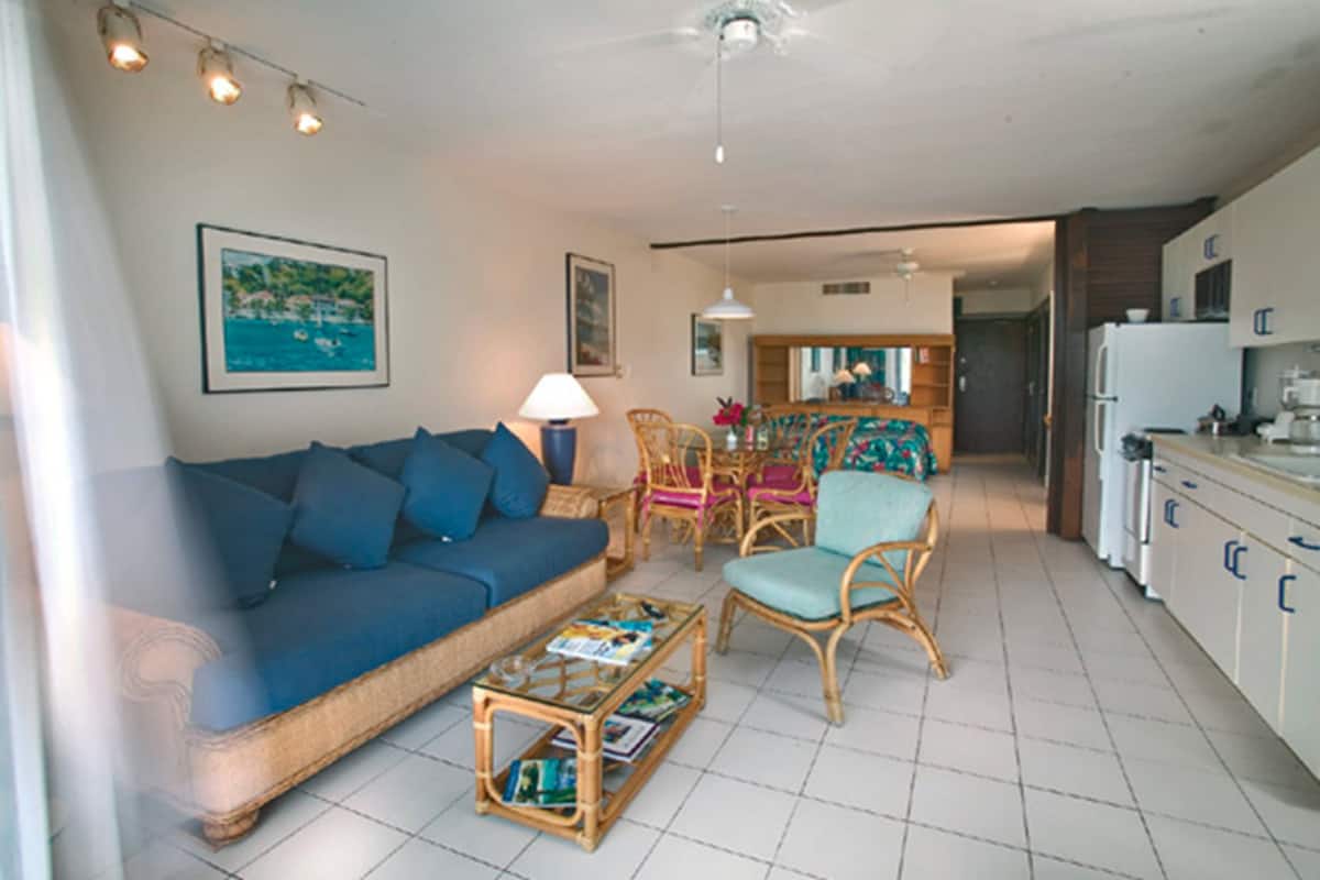 A living room with a sofa, chairs, a coffee table, and a kitchen area with cabinets and a refrigerator.