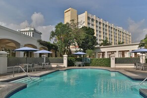 Outdoor pool, pool umbrellas, pool loungers