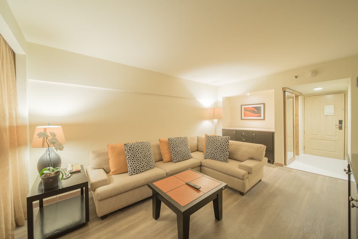 Junior Suite, 1 King Bed | Living area | 39-inch LCD TV with cable channels, TV, iPod dock