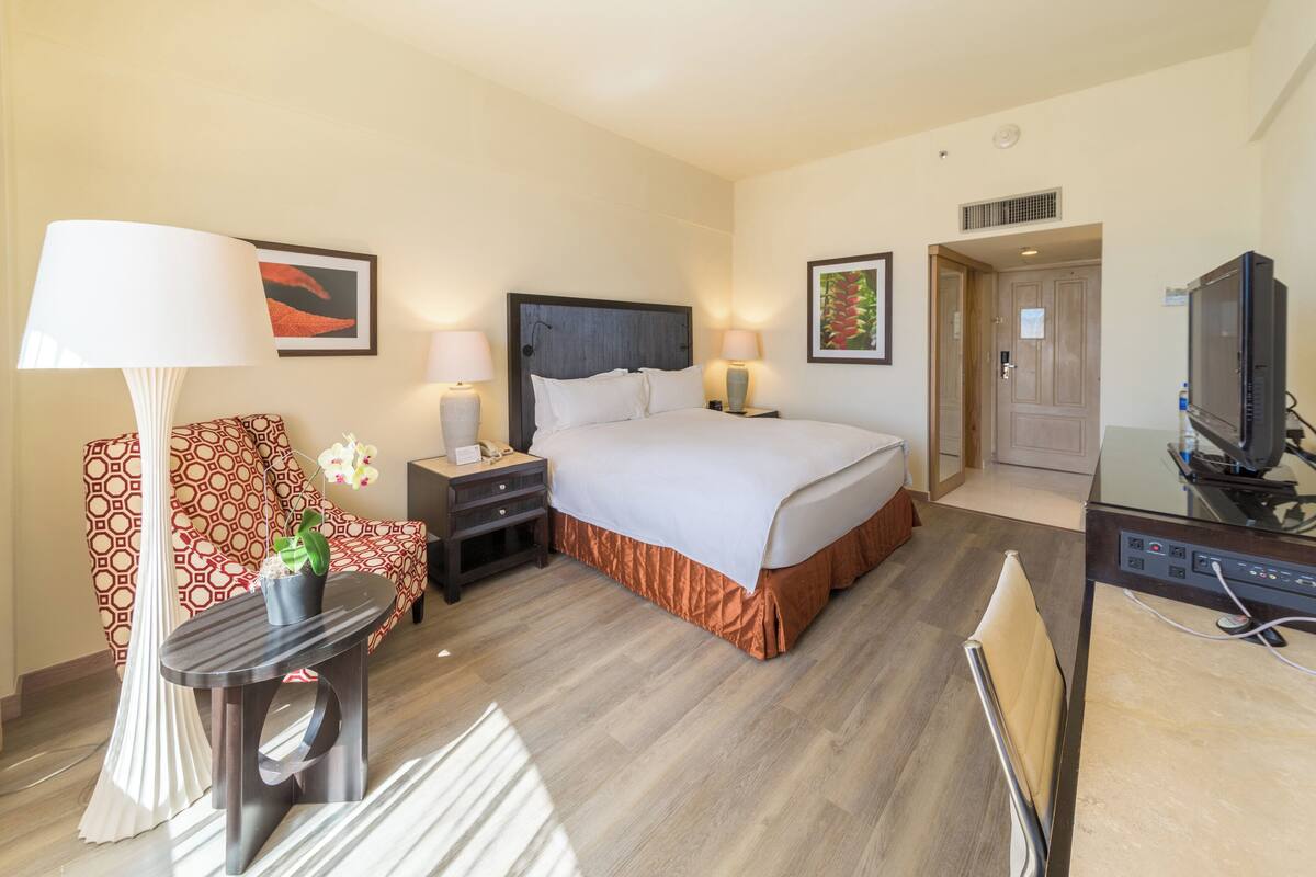 Une chambre d’hôtel comprenant un lit, des tables de chevet, une télévision, un bureau et une chaise.