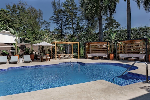 Outdoor pool, open 6:30 AM to 10:00 PM, pool umbrellas, sun loungers
