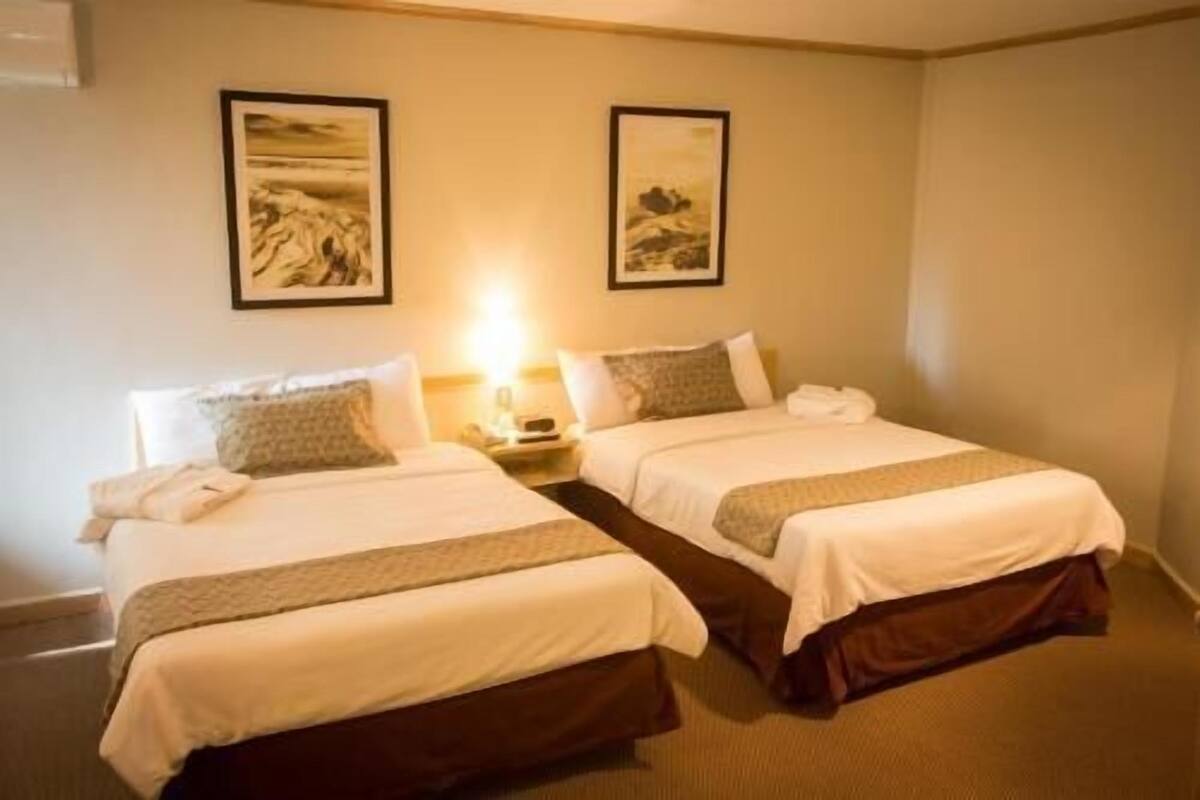 Quarto de hotel com duas camas, cada uma com travesseiro e cobertor. Quadros emoldurados na parede acima das camas.