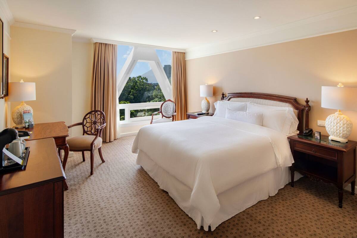 A hotel room with a large bed, a desk with a chair, a nightstand with a lamp, and a view of the outdoors.