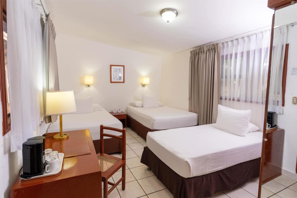 Una habitación de hotel con dos camas individuales, un escritorio con cafetera, una silla y dos lámparas de noche.