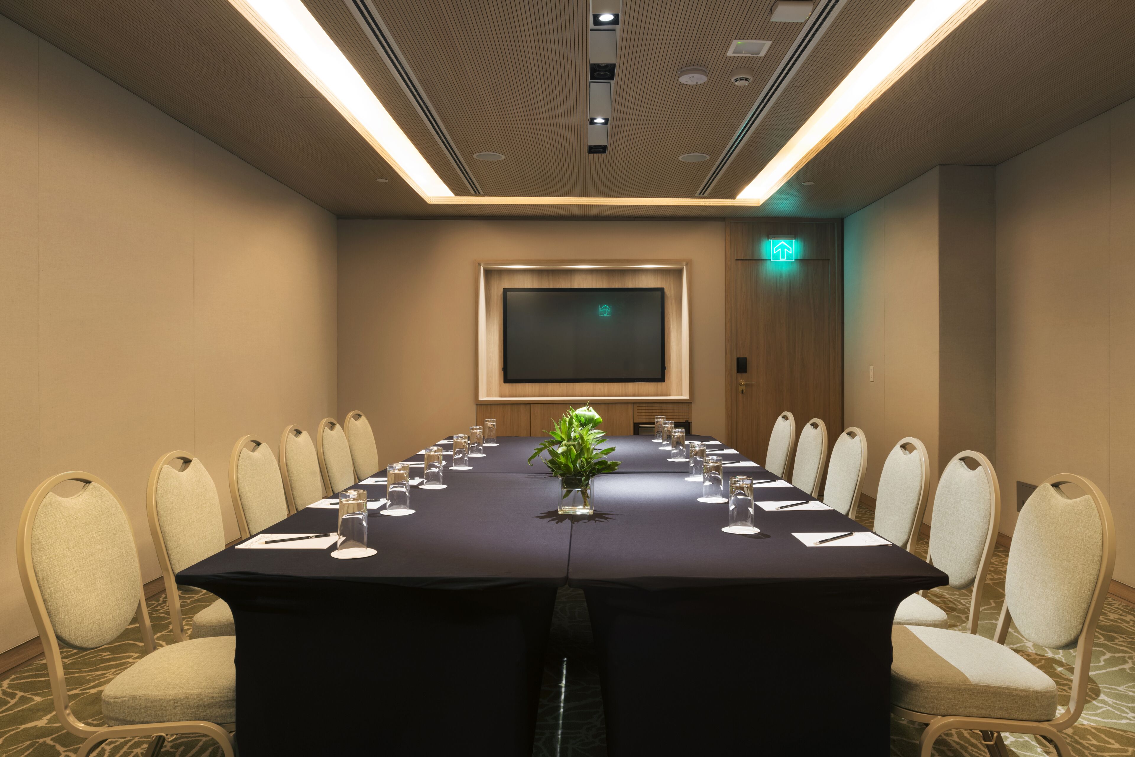 Une salle de conférence équipée d’une longue table, de chaises, d’un écran de projection et d’une plante servant de décoration centrale.