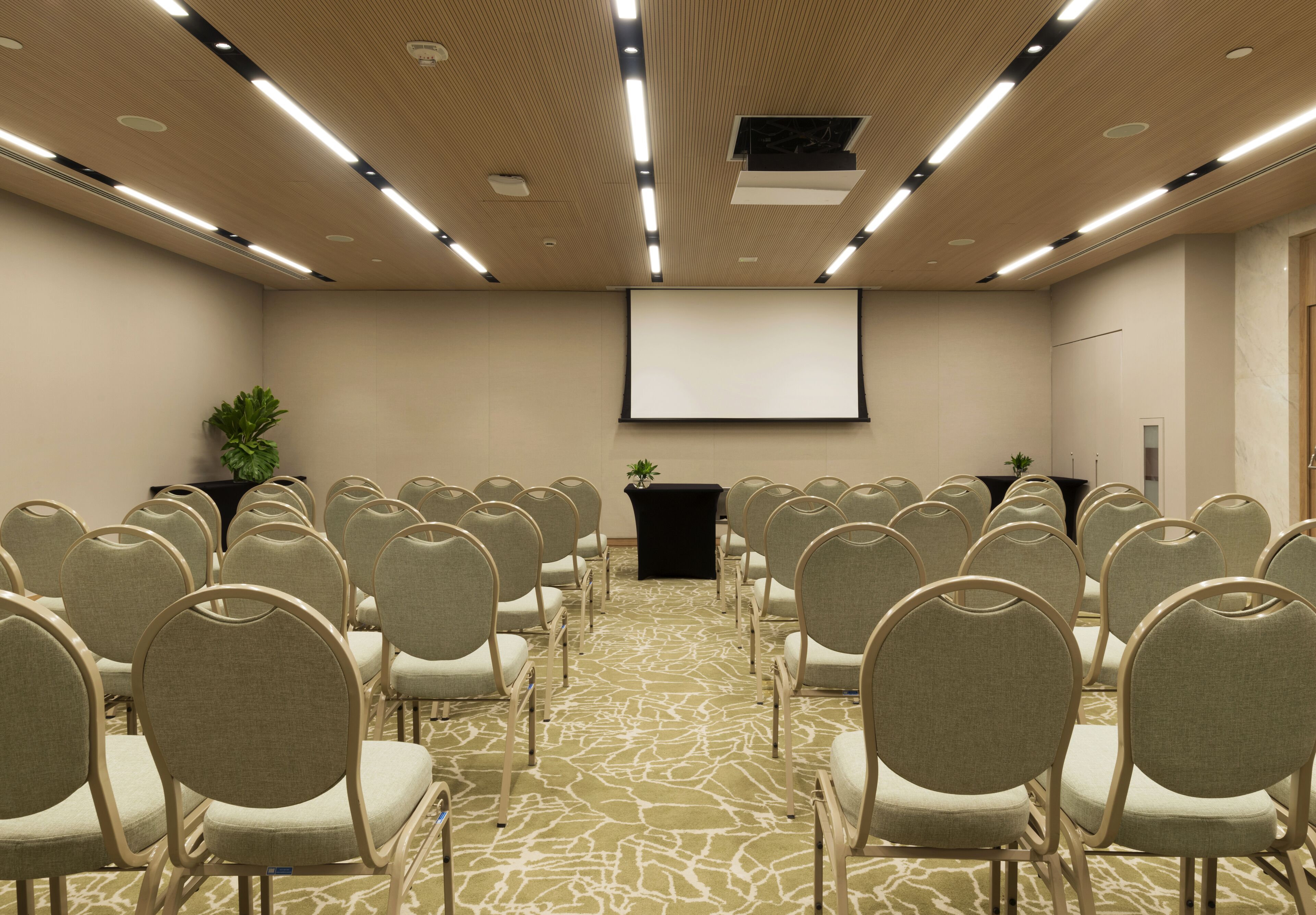Une salle de conférence avec des rangées de chaises disposées face à un écran de projection, une table noire ornée d’une plante et un tapis à motifs.