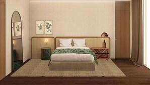 A bedroom with a bed, a mirror, wall art, a bedside table, and a door. - Tropical Hotel da Amazonia, a Tribute Portfolio Hotel (Manaus)