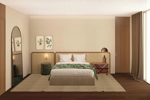 A bedroom with a bed, a mirror, wall art, a bedside table, and a door. - Tropical Hotel da Amazonia, a Tribute Portfolio Hotel (Manaus)