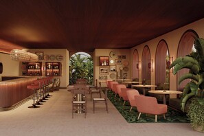 A bar area with stools, a counter, and a seating area with round tables and chairs. - Tropical Hotel da Amazonia, a Tribute Portfolio Hotel (Manaus)