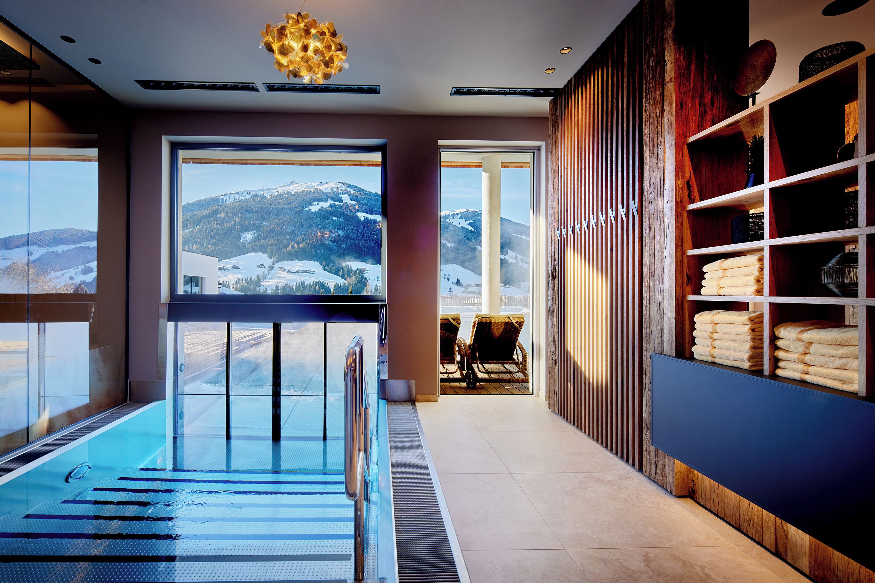 Indoor pool, outdoor pool, pool loungers