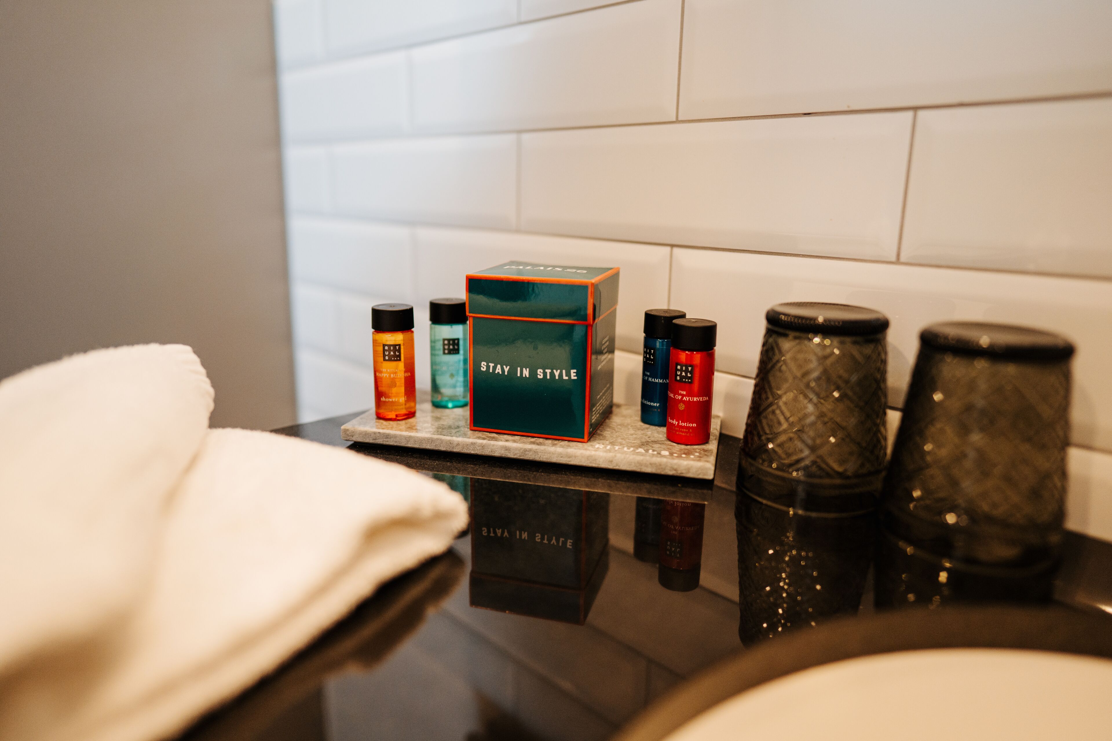 deep-soaking bathtub, free toiletries, hair dryer, towels