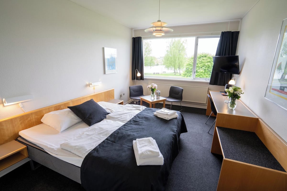 A hotel room with a large bed, a desk, a chair, a TV, and a window with a view of trees.