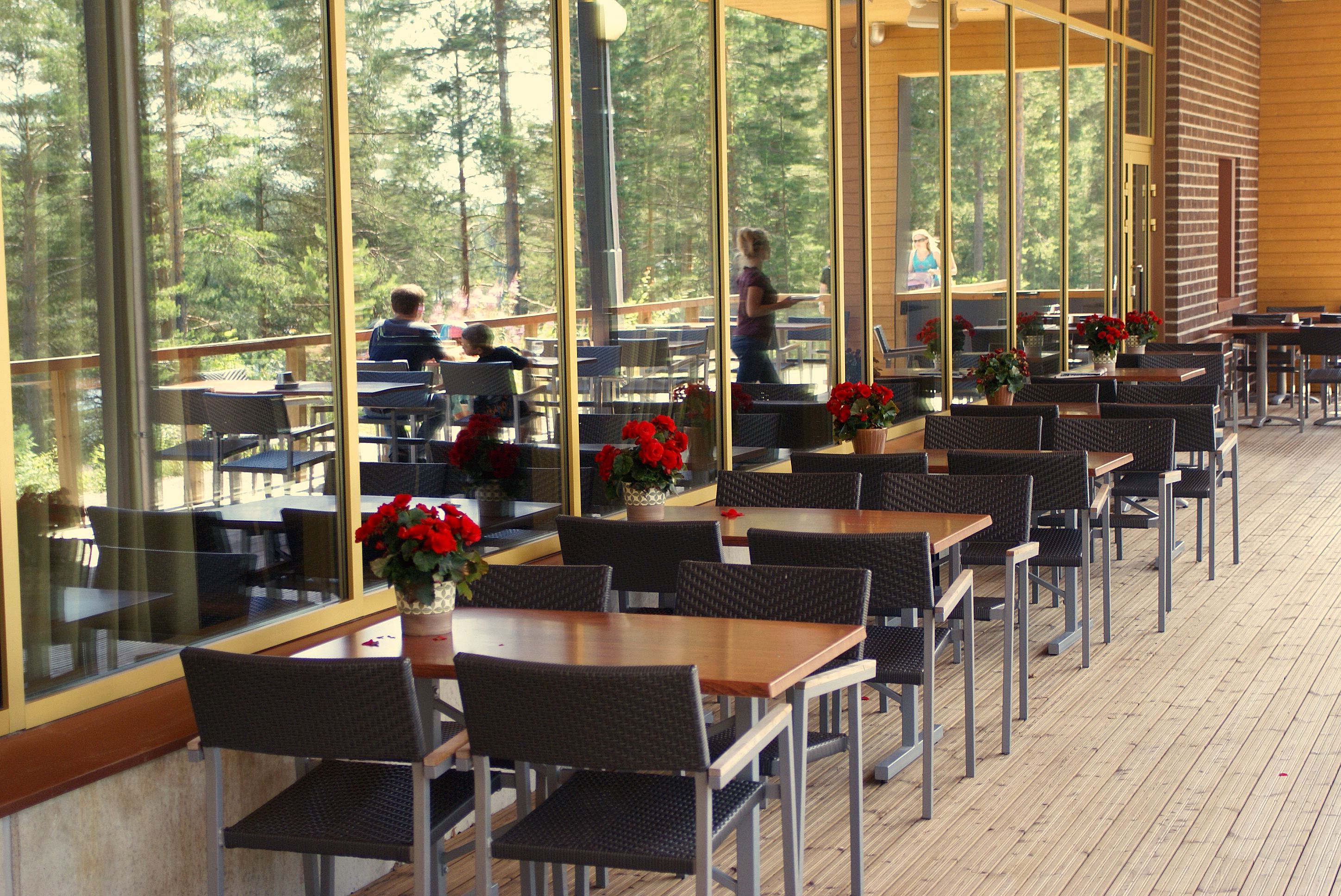An outdoor dining area with tables and chairs, large windows, and potted plants.