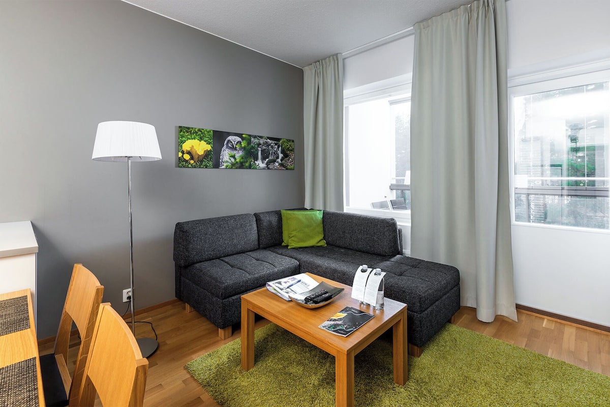 Junior Chalet, 2 Bedrooms, Sauna | Living area | 43-inch TV with cable channels, streaming services