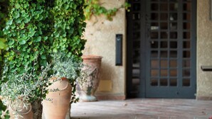Un pati amb plantes en testos i un edifici amb una porta fosca.