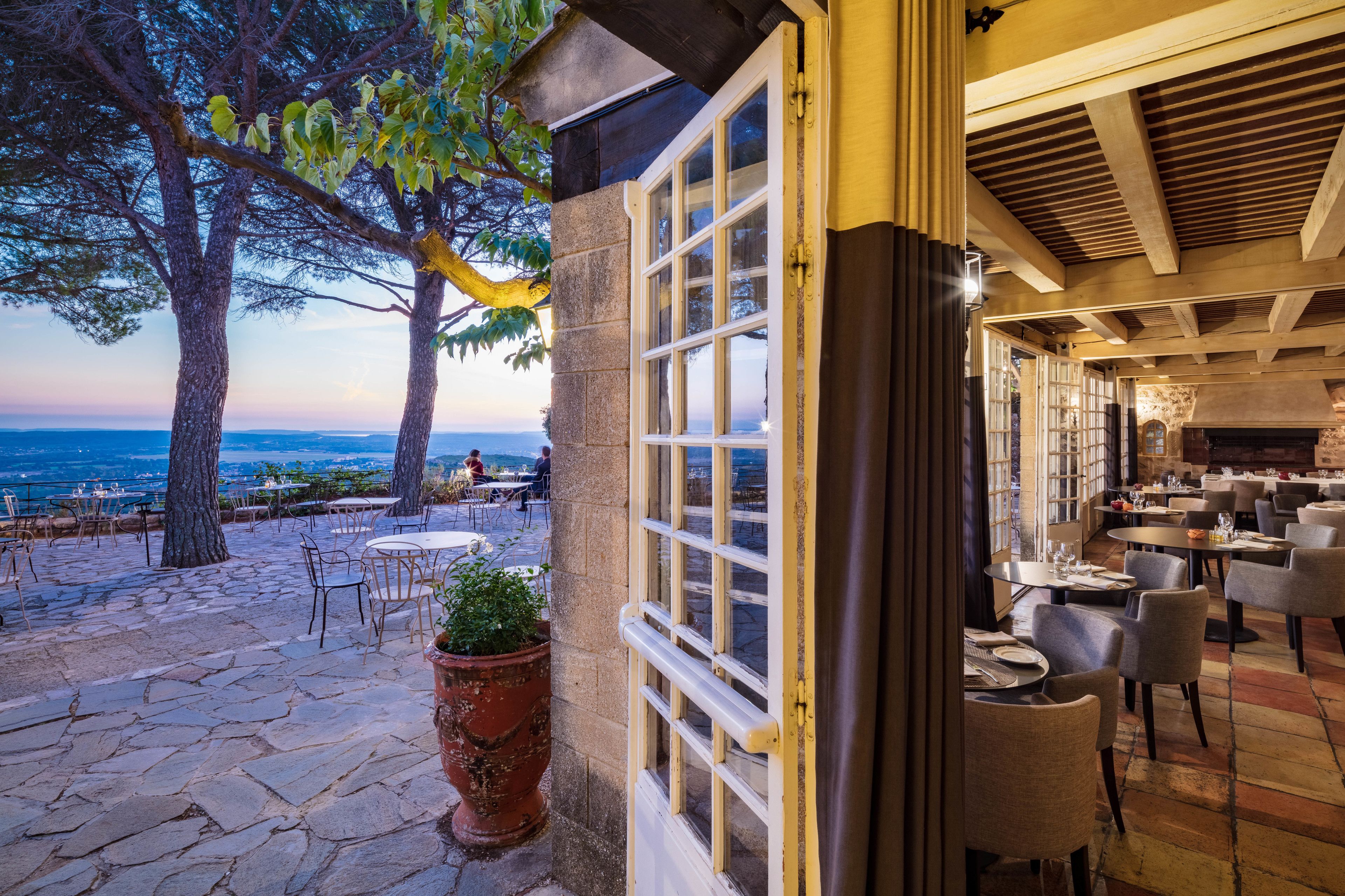 dinner served, french cuisine, garden views