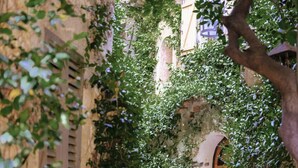 A narrow stone pathway flanked by buildings with ivy-covered walls and a wooden door. - Château de La Chèvre d’Or (Èze)
