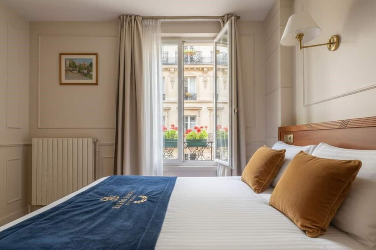 A hotel room with a bed, a view of the outside balcony, and a framed picture on the wall.