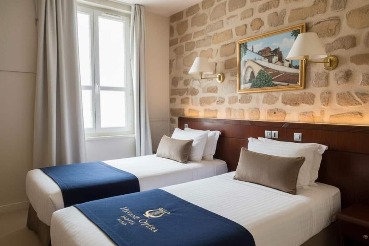 A hotel room with two beds, a stone wall, a painting, and a window with curtains.