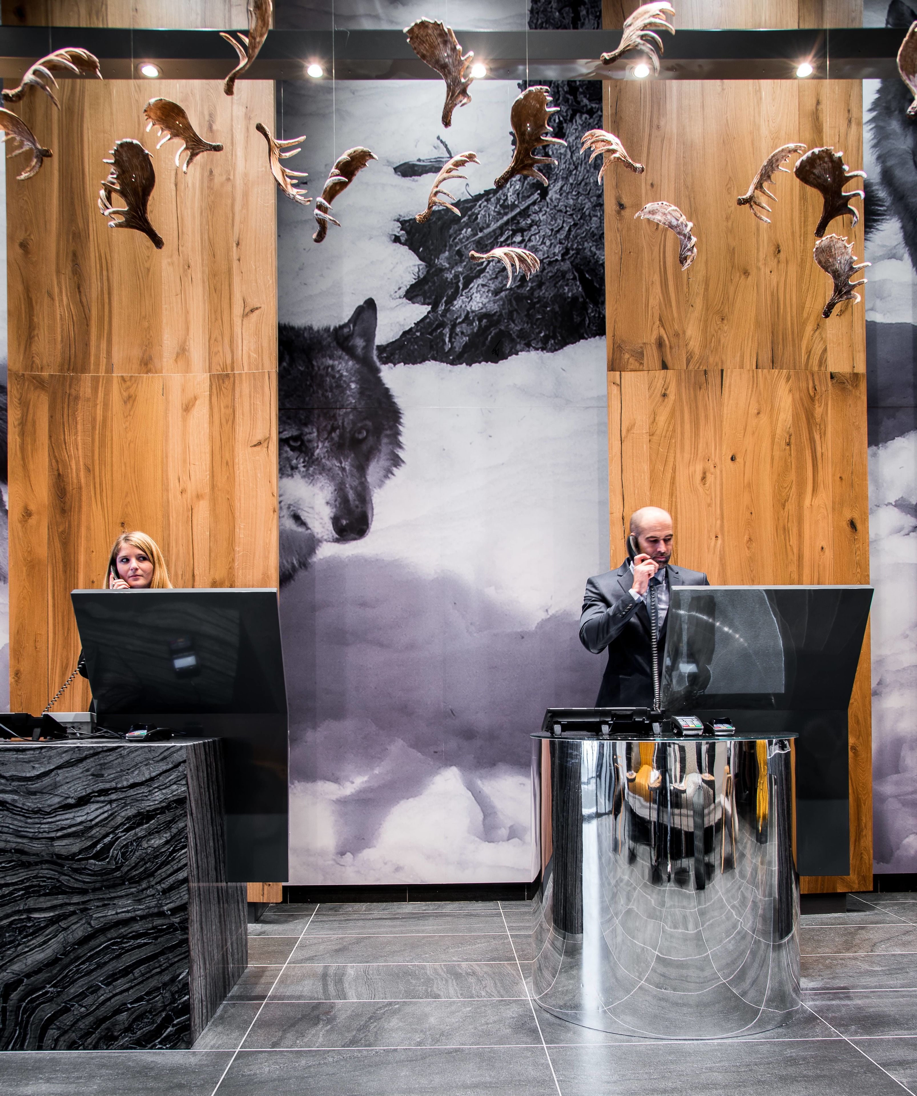 Un área de recepción con un gran mural de un lobo, paneles de madera y un mostrador moderno.