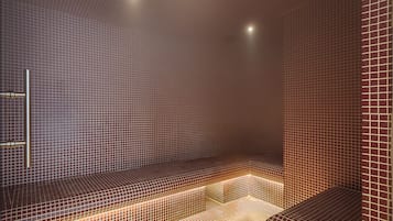 A modern spa with a tiled wall and bench seating.