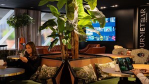 Un área de estar moderna con asientos, una planta grande y un televisor que muestra carteles de películas.