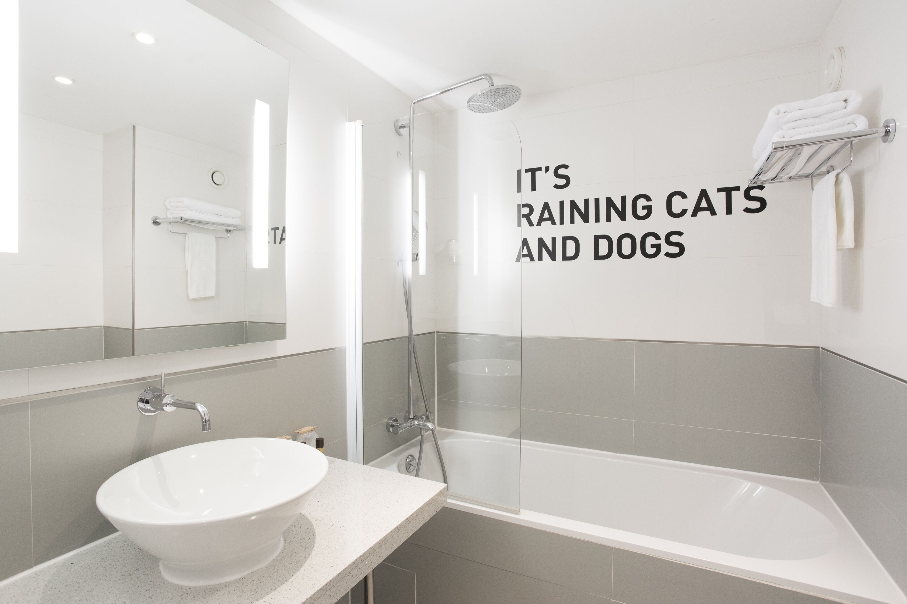 A modern bathroom with a glass-enclosed shower, a white sink, and a towel rack.