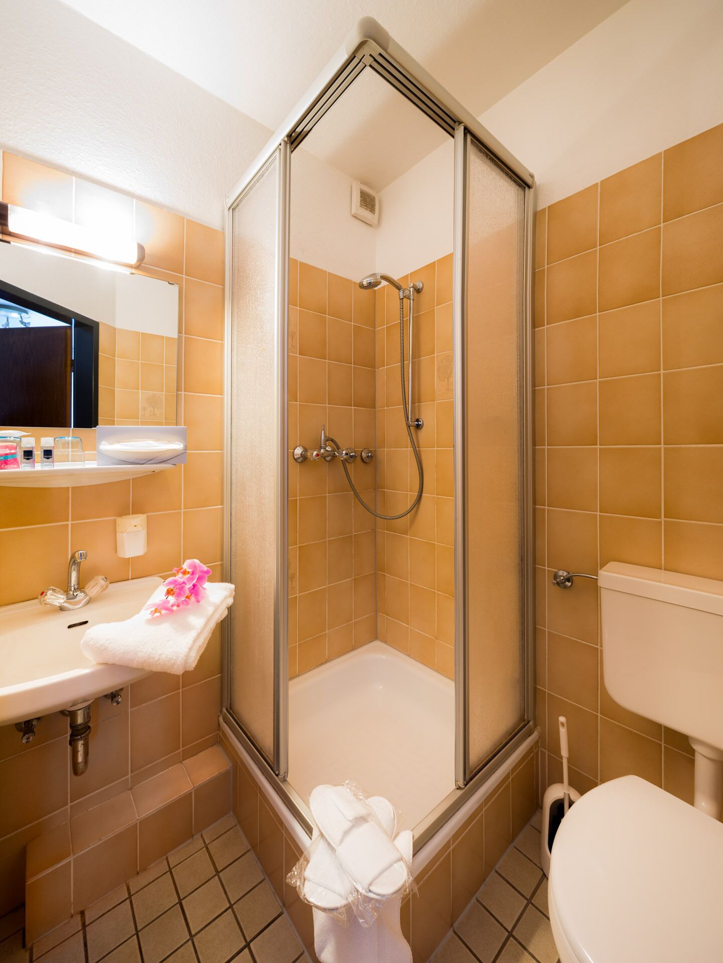 A bathroom with a glass-enclosed shower, a sink with a mirror, and a toilet.
