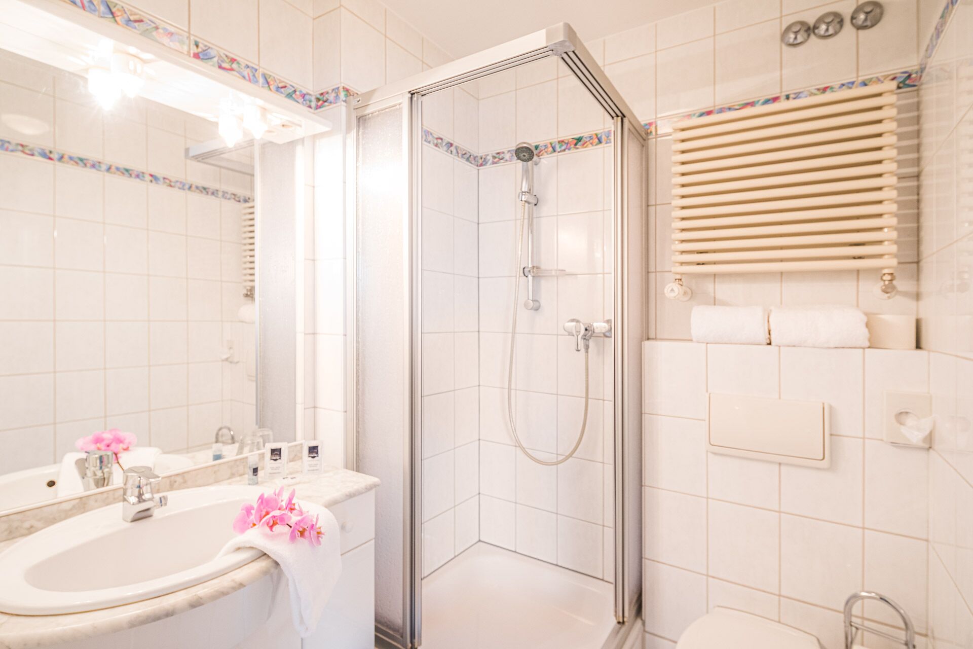 Un baño moderno con ducha de vidrio, lavamanos con espejo e inodoro.
