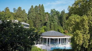 Une structure surmontée d’une coupole de verre, avec une piscine, le tout entouré d’une forêt dense.