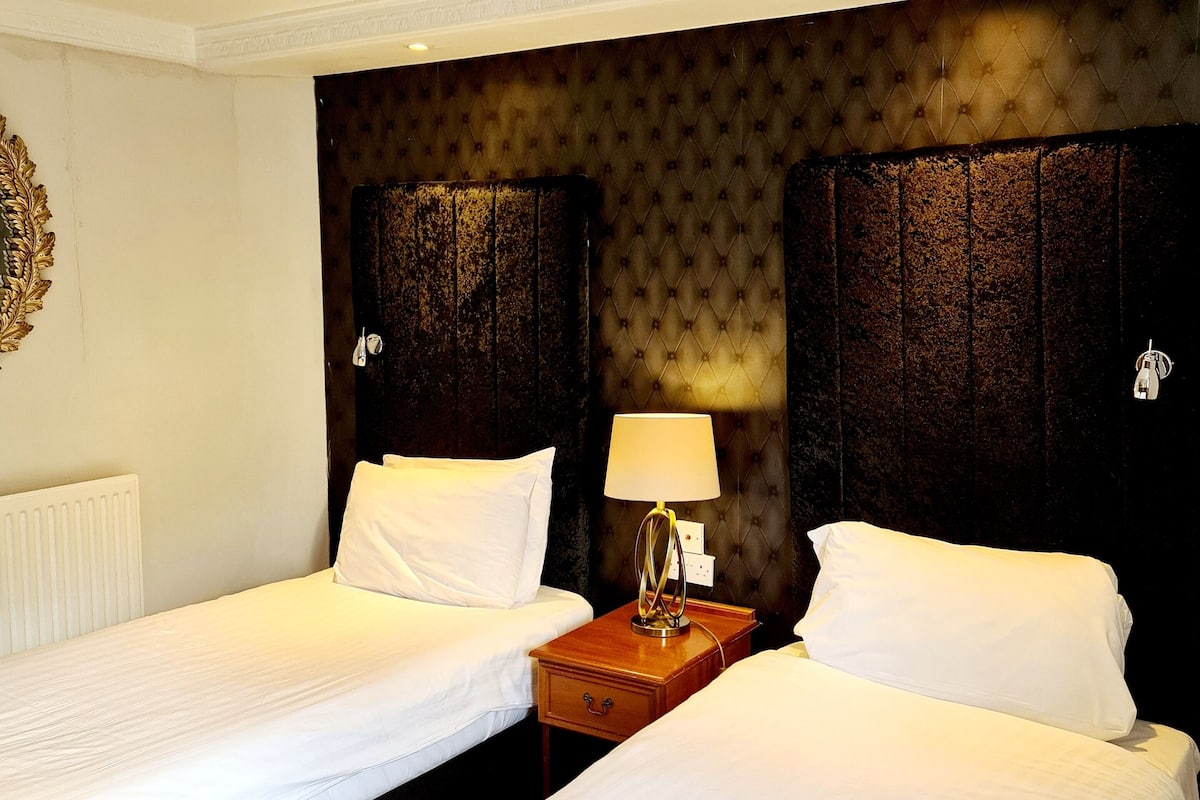 Ein Hotelzimmer mit zwei Einzelbetten, einem Nachttisch mit Lampe und einem dunkel gemusterten Kopfteil.