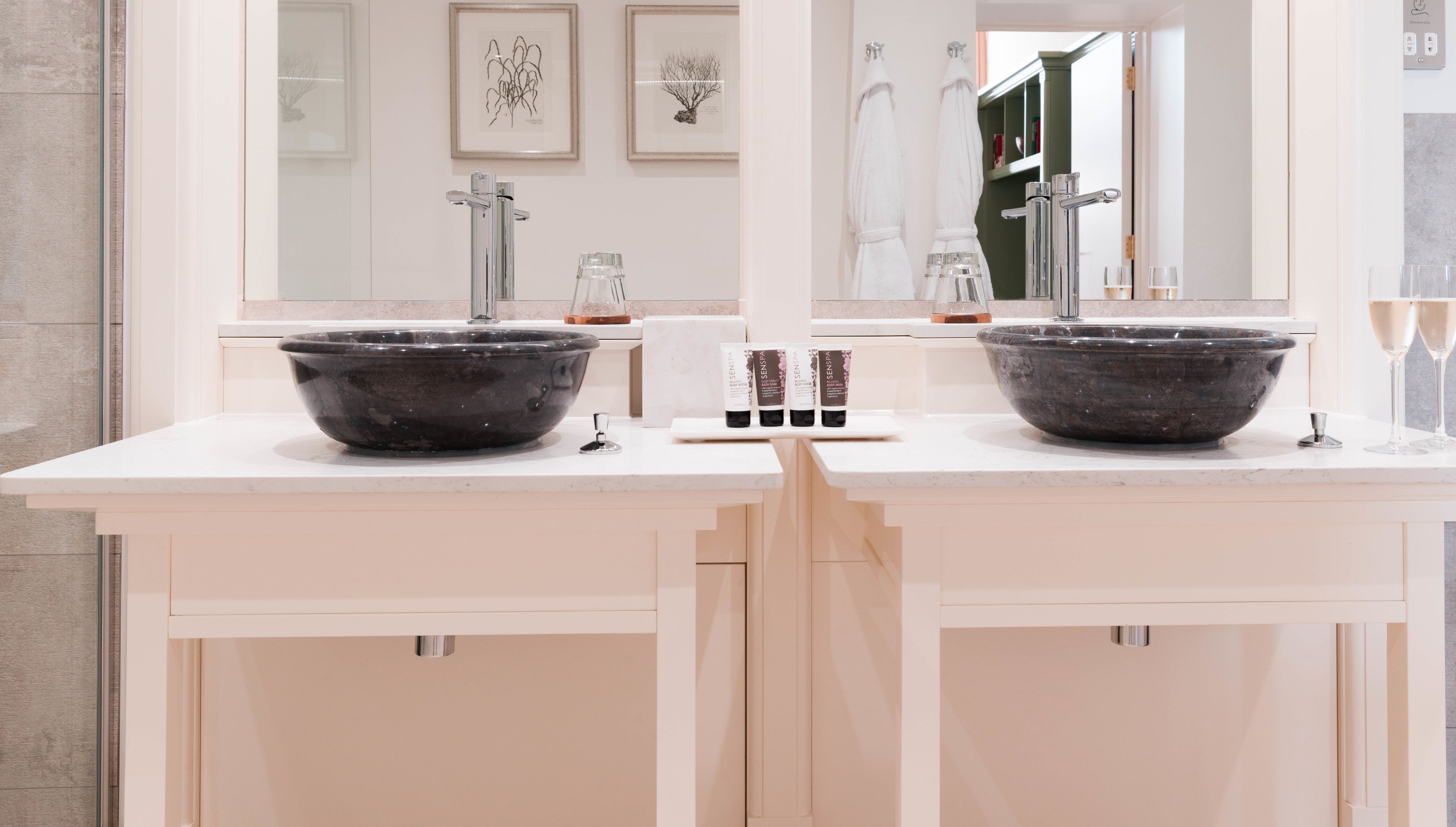 free toiletries, hair dryer, bathrobes, towels