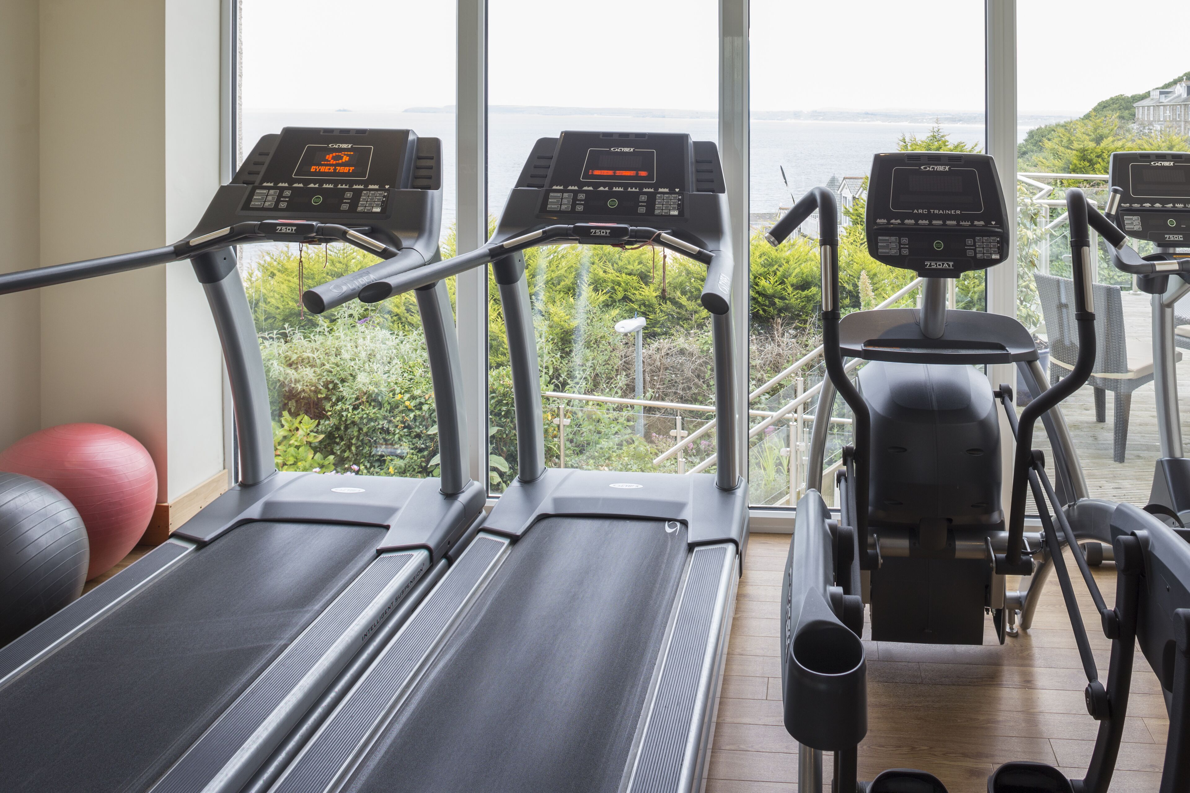 A gym with treadmills and exercise equipment, large windows with a view of greenery and water.
