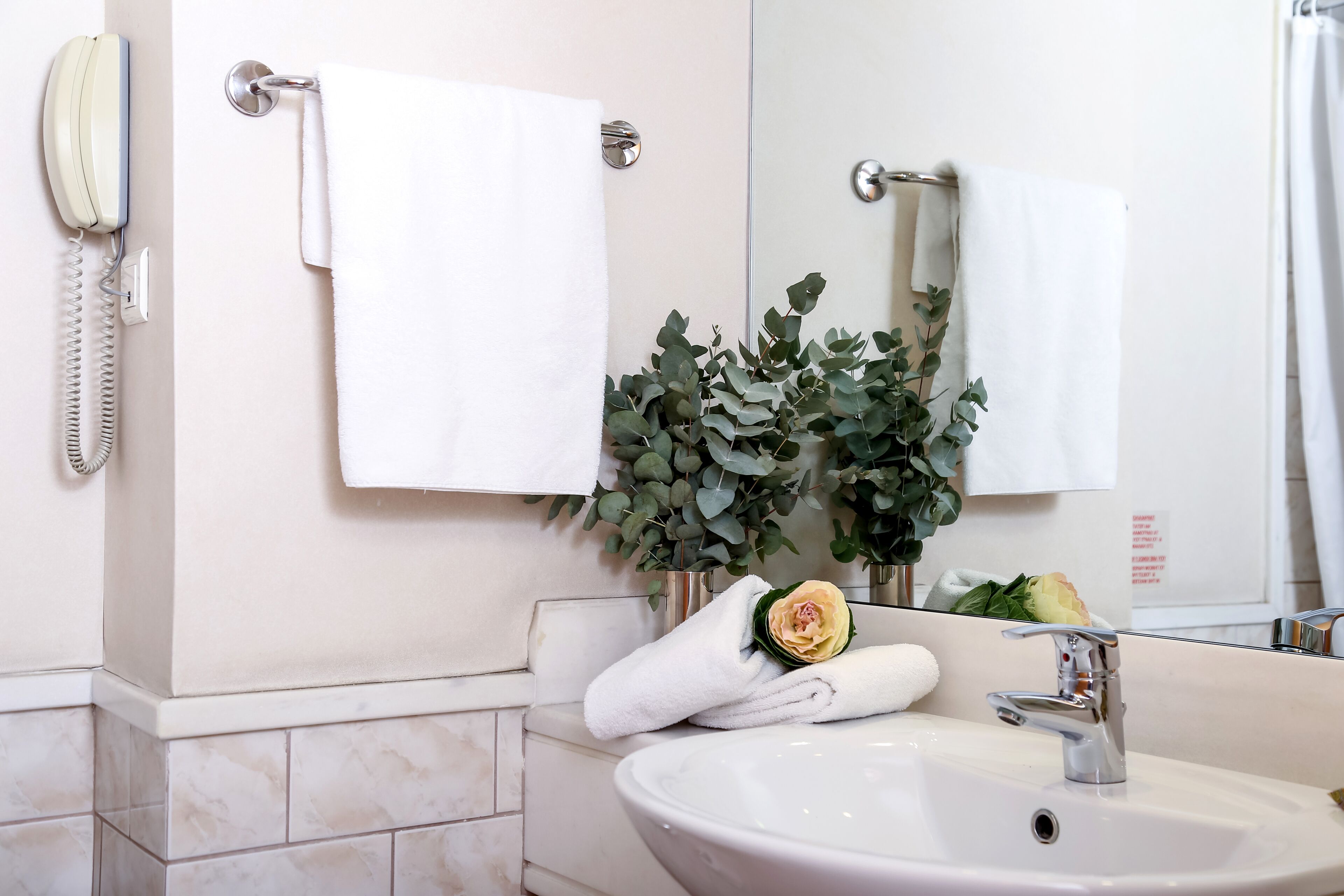 A bathroom with a white sink, a mirror, a towel rack, and a telephone.