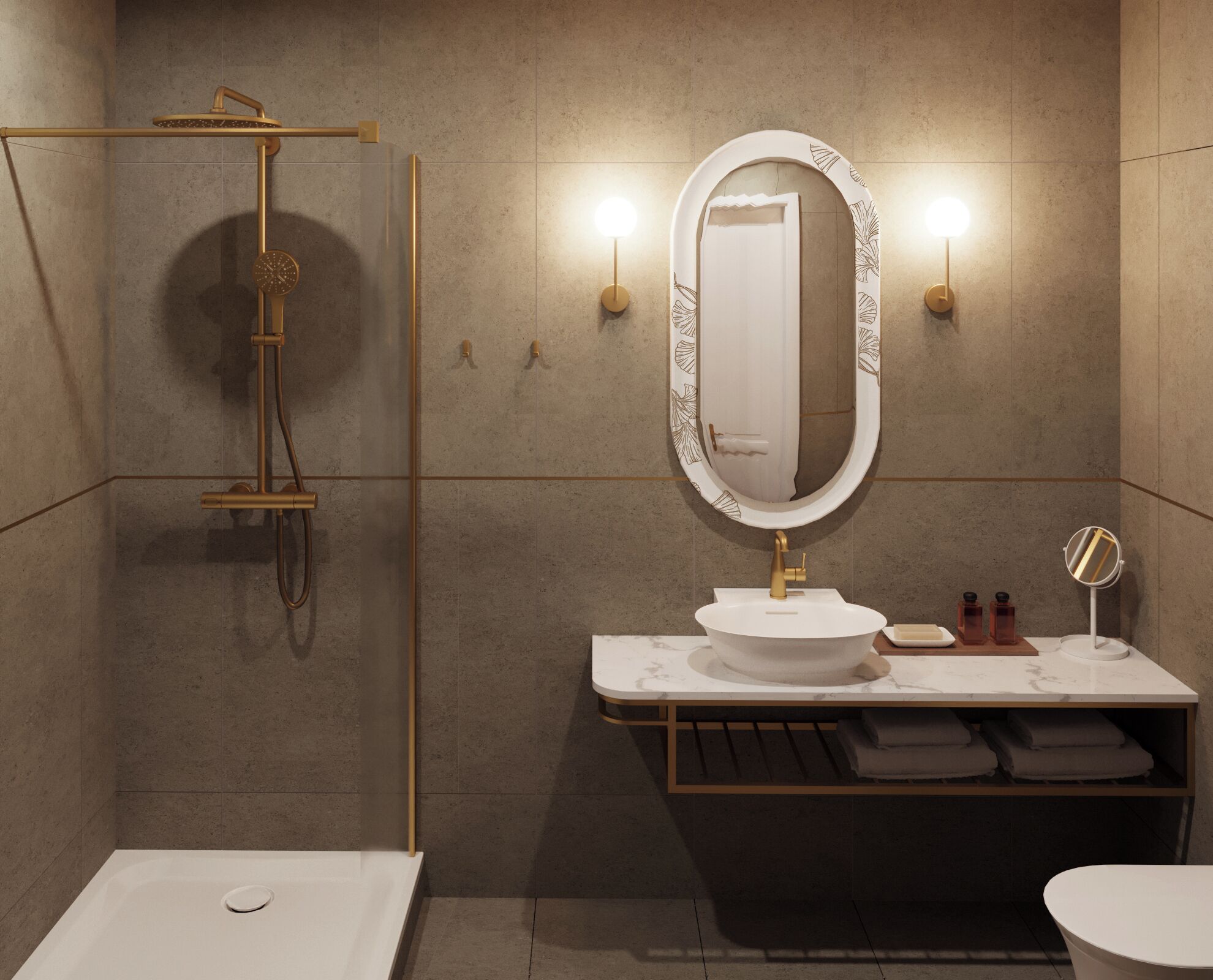 A modern bathroom with a freestanding bathtub, a wall-mounted vanity with a round mirror, and a shower with a gold faucet.