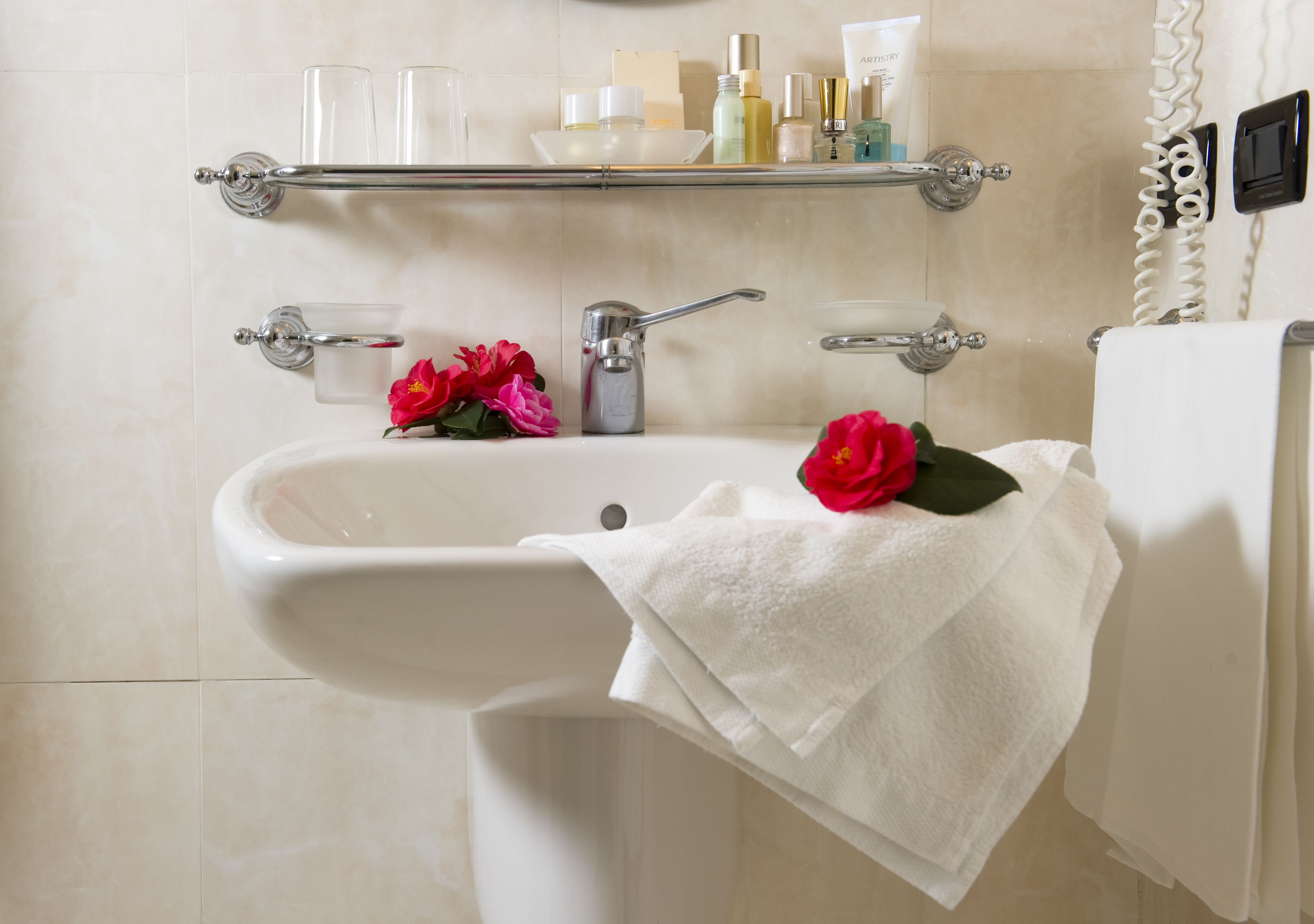 free toiletries, hair dryer, towels