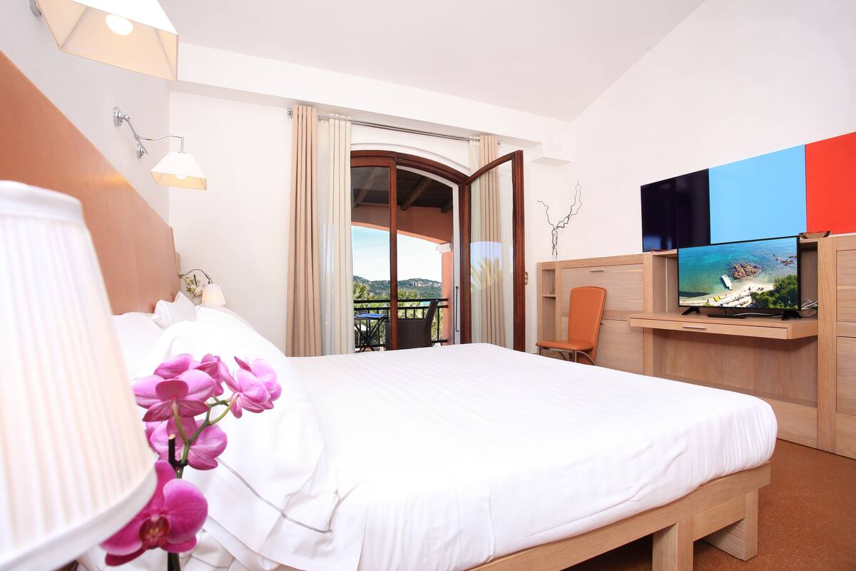 A hotel room with a bed, a TV, a desk, and a view of the outdoors.