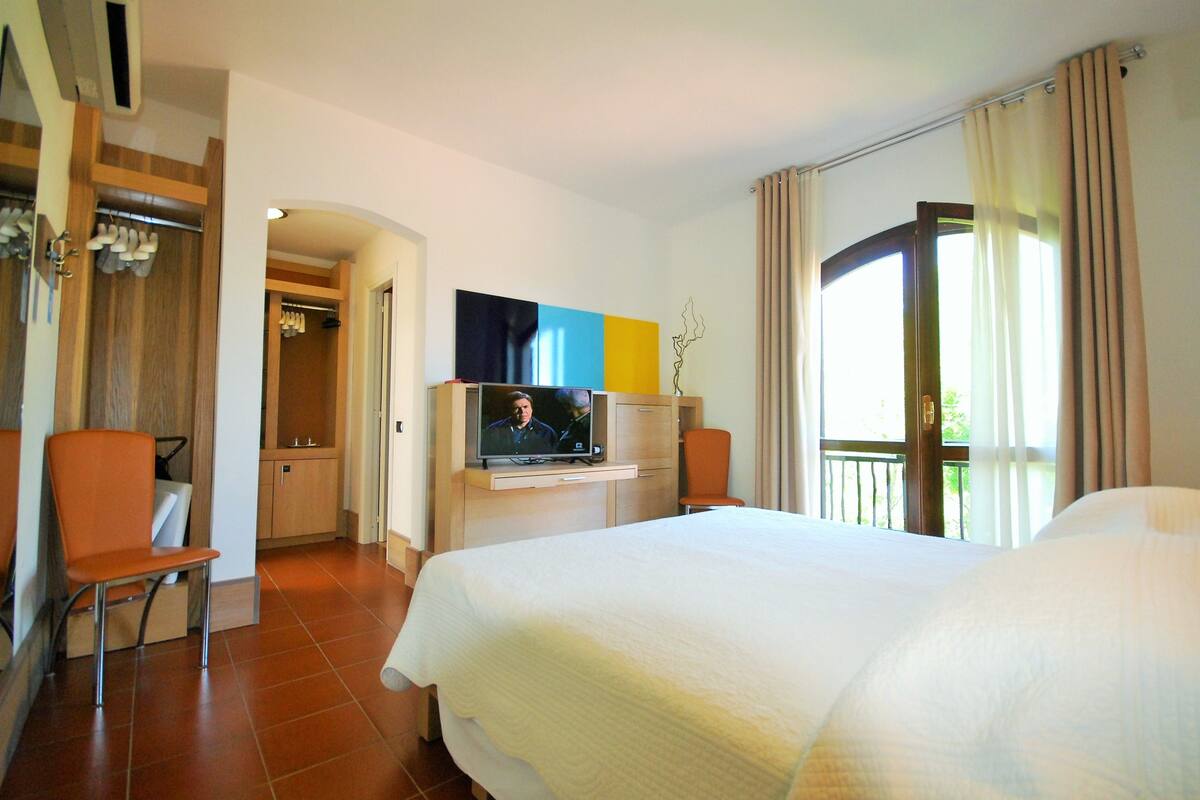 A hotel room with a bed, a television, a chair, a desk, and a view of the outdoors.
