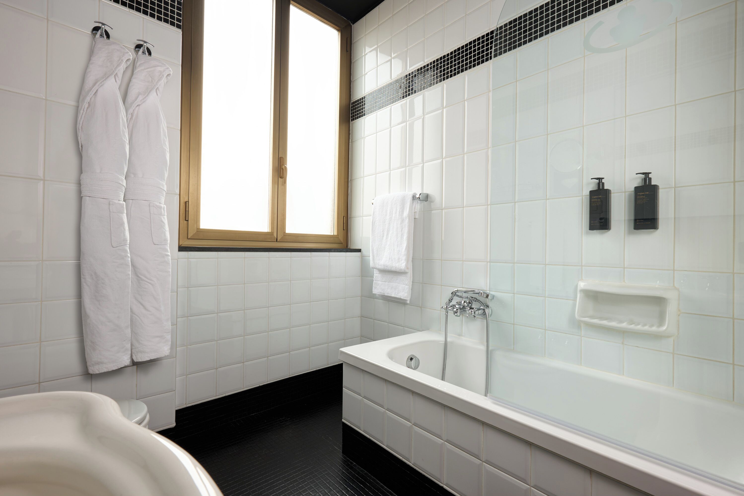 combined shower/bathtub, free toiletries, hair dryer, towels