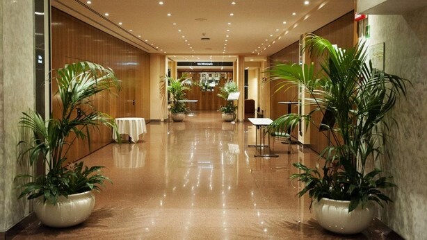 Un hall d’hôtel doté d’un sol en marbre poli, de lambris en bois et de plantes en pot.