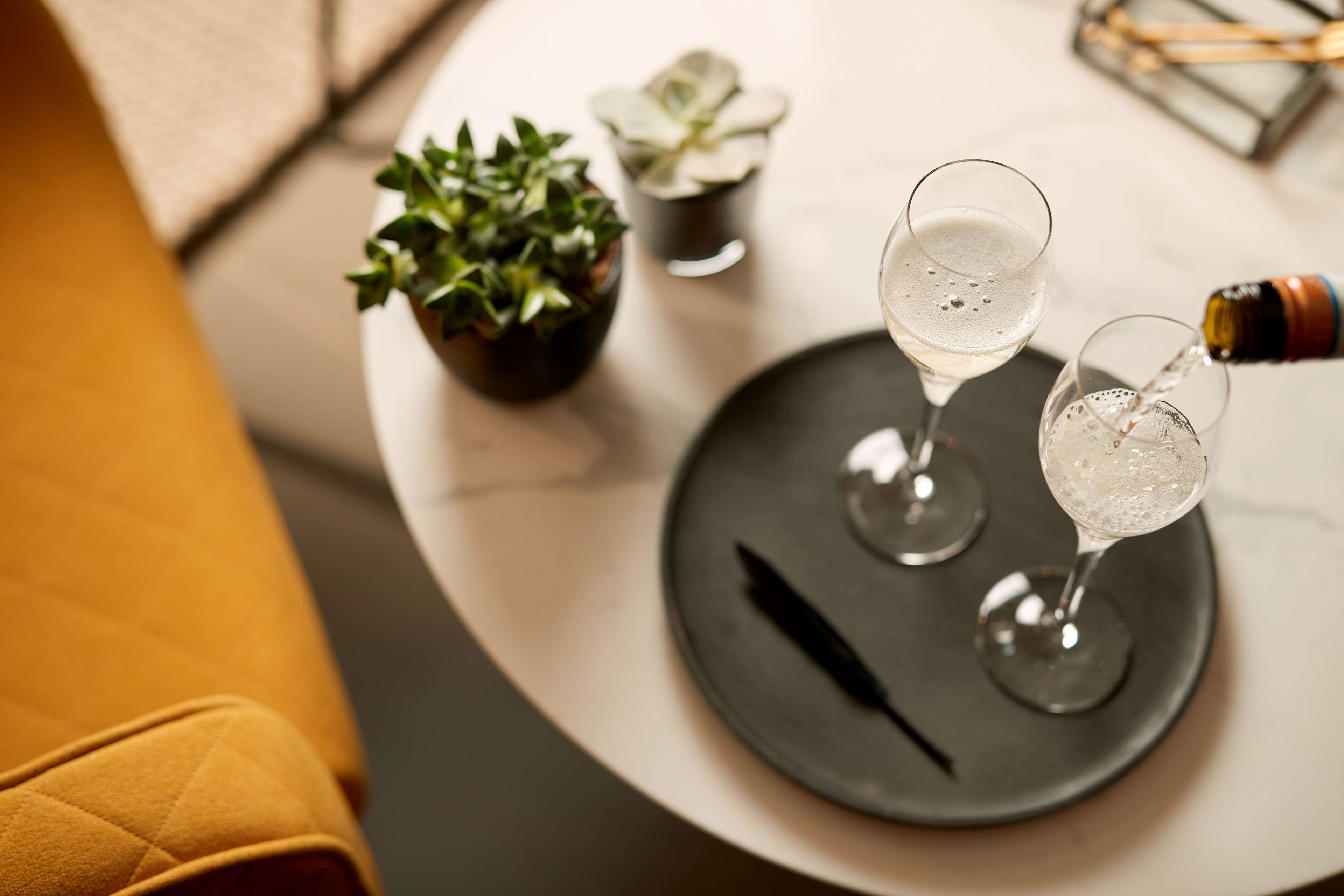Una mesa redonda con dos vasos de un líquido transparente, una botella y una pequeña planta en maceta.