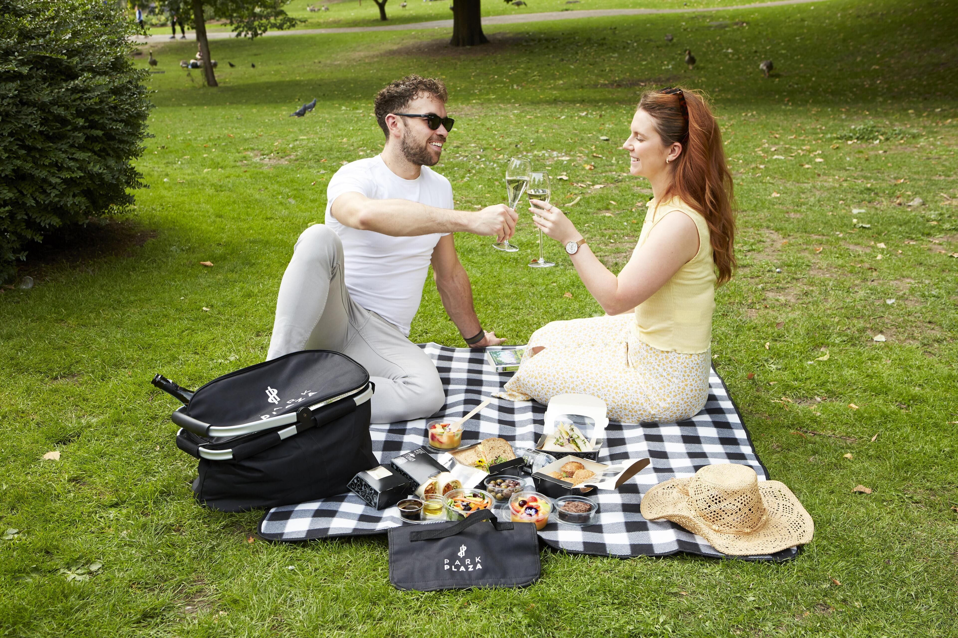 A picnic setup with a checkered blanket, food, drinks, and a black bag on grass.